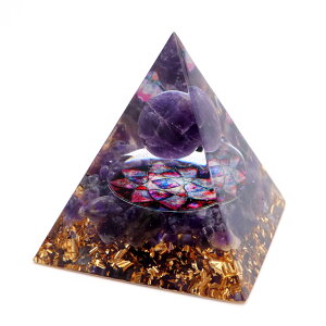 オルゴナイト ピラミッド 天然石 さざれ アメジスト 丸玉 幅 約5cm orgonite pyramid 置物 パワーストーン 父の日 贈り物 送料無料