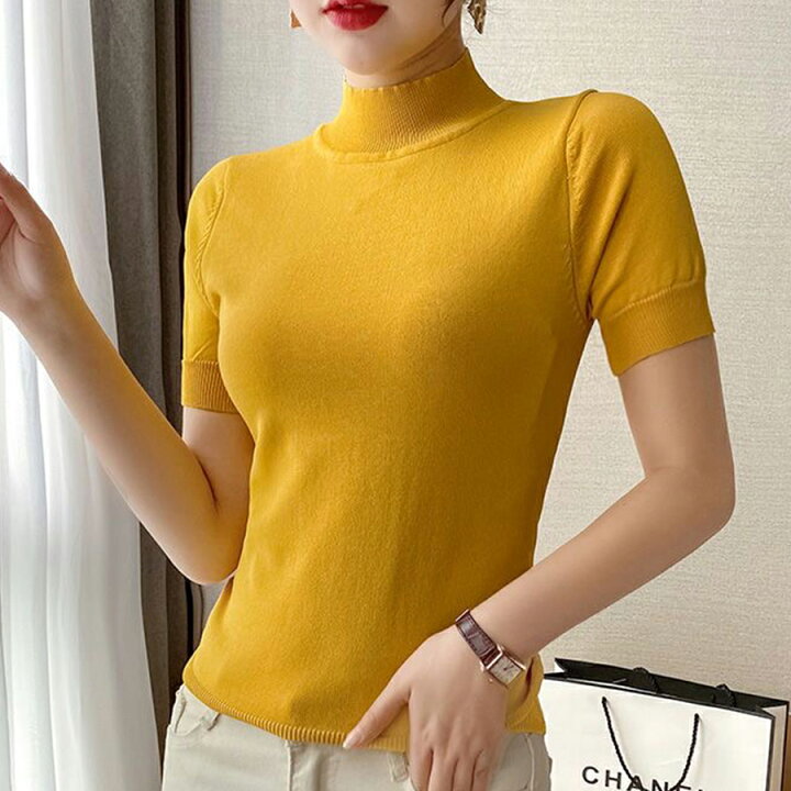 楽天市場】ハイネック半袖サマーニット シンプル 無地 薄手 オフィス  