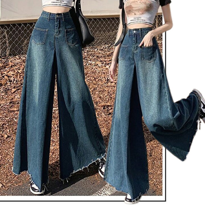 楽天市場】ハイウエストデニムスーパーワイドパンツ カットオフ ロング 