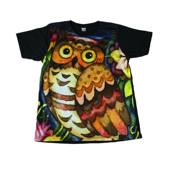【送料無料】MAO MAO プリントTシャツ ブラック メンズ フクロウ アニマル 梟 ペット 動物 カフェ 絵画 水彩画 アート 美術 カワイイ おしゃれ ストリート系 カッコイイ クール インナー 柄物 半袖