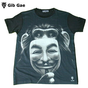 【送料無料】Gib Gae プリントTシャツ ブラック メンズ 映画 アノニマス 仮面 チンパンジー アニマル 動物 おもしろプリント おしゃれ スケーター ストリート系 M/L/XLサイズ 半袖