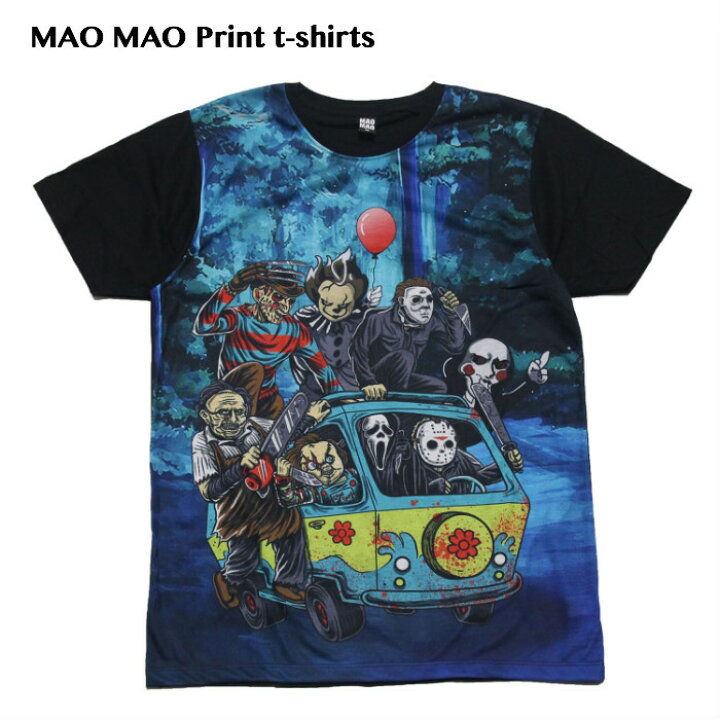楽天市場 送料無料 ホラー映画tシャツ プリントtシャツ ブラック メンズ キャラクター 殺人鬼 チャッキー フレディー ジェイソン ジグソウ 全員集合 かわいい おしゃれ ストリート系 カッコイイ クール 柄物 半袖 M L Xlサイズ 男女兼用 ユニセックス メンズ