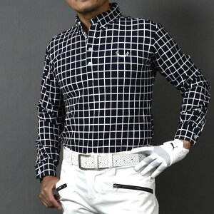 送料無料【パシャ売りサンプル在庫処分】アウトレット/ワッフルストレッチ素材チェック柄長袖ボタンダウンゴルフポロシャツ/ウィンドウペンネイビー/Lサイズ(S-S886038)メンズ 在庫処分 サ