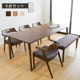 ダイニング6点セット フォロワー 6点セット 6人用 195×90 195cm幅 ファブリック座面 木製 PU塗装 ラバーウッド 突板 MDF 70cm 六人用 6点 チェア4脚 110cmベンチ 食卓セット アジャスター付き 北欧 食卓 ダイニング シンプル ロータイプ 【送料無料】