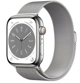 Apple Watch Series 8 GPS + Cellularモデル、45mmケース シルバーステンレススチールケースとシルバーミラネーゼループを組み合わせたスマートウォッチ。フィットネストラッカー、血中酸素ウェルネスアプリと心電図アプリ、常時表示Retinaディスプレイ、耐水性能