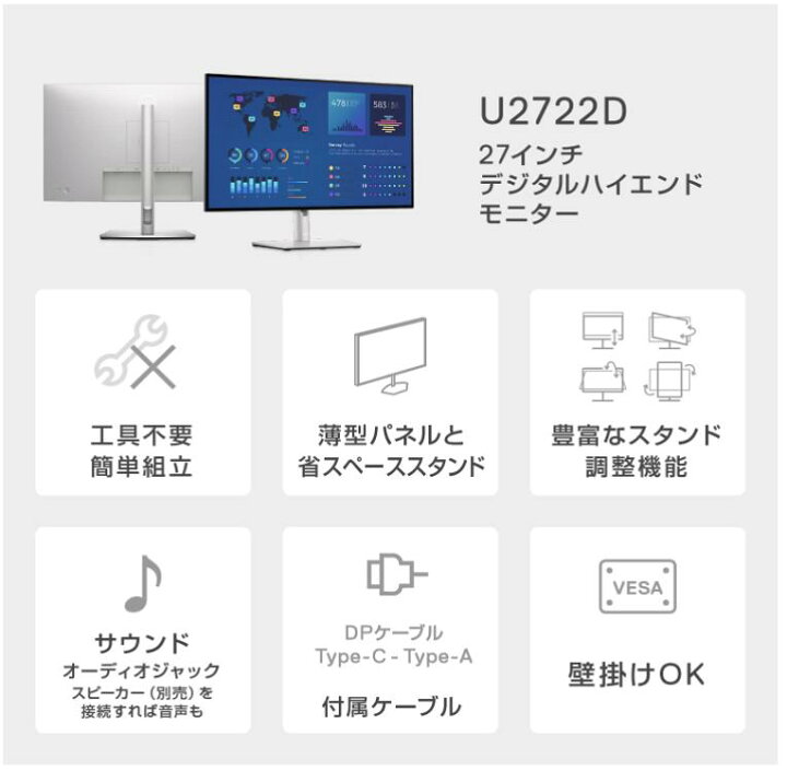 楽天市場】Dell U2722D 27インチ モニター (3年間無輝点交換保証/QHD 