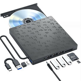 外付け DVDドライブ CDドライブ 光学 USB3.0 7in1 薄型ポータブル CD/DVD ROM +/-RW アダプター ラップトップ PCデスクトップ コンピュータ用 Mac Windows Linux に対応 タイプCケーブル付き Black
