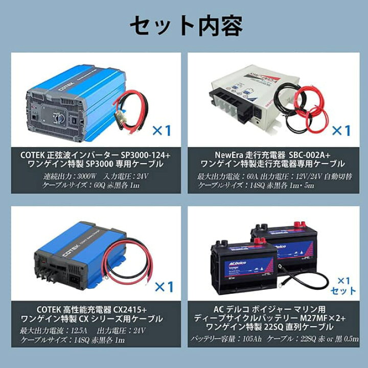 楽天市場 車中泊 3000w 24v 9点 スターター セット ワンゲイン Spa3024c2s正弦波インバーター3000w 24vacデルコ バッテリー M27mf 2台 高性能充電器 走行充電器 ケーブルレジャー Ac Delco ボイジャー 車中泊サブバッテリーのワンゲイン