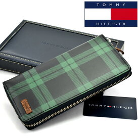 【最大2000円OFFクーポン 5/23 20:00～5/27 1:59】【TOMMY HILFIGER】トミー ヒルフィガー メンズ レディース ラウンドファスナー長財布 本革 チェック柄 グリーン×ブラック 31TL40X001-067