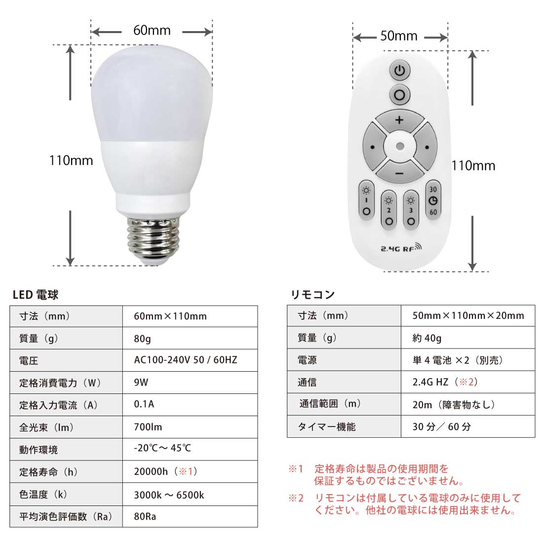 楽天市場】LED電球 50W形相当 E26 口金 リモコン付き 調色 調光 9W