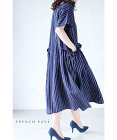 (M~3L)【再入荷♪7月14日12時&22時より】「frenchpave」ふんわりギャザーポケットのストライプワンピース