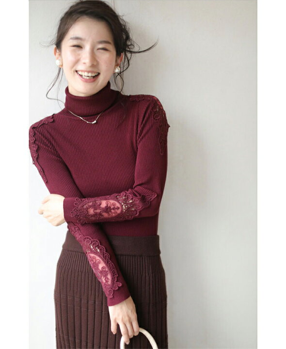 楽天市場 再入荷 9 15 12時 時 ワインレッド S L 2l 3l対応美しく透ける肩と袖レースのタートルネックニットトップス Cawaii