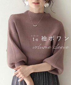 ◇◇【再入荷♪1/10 12時&20時】（S~L/2L~3L対応）（ブラウン）袖ポワンとオフネックのニットトップス/ポワン袖