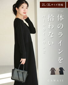 （M~L/2L~3L対応）体のラインを拾わない パールラインワンピ ／ ワンピース 体型カバー レディース きれいめ 秋 冬 同窓会 40代 着痩せ ニット フェミニン プリーツ おしゃれ ミセス 大人