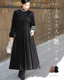 （S~3L対応）上品な大人の艶ベロア調シャーリングワンピース／ レディース きれいめ おしゃれ 艶 ベロア調 おでかけ 同窓会 上品 素敵 褒められ ブラック ブラウン 黒 茶色