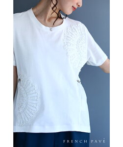 (S~L対応)(ホワイト)「FRENCH PAVE」絞れるウエストシルエット。パールの花咲くTシャツトップス5月30日22時販売新作