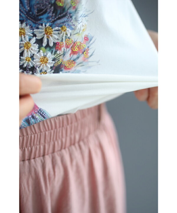 楽天市場 再入荷 6 19 12時 時 S L対応 立体刺繍とスパンコールで描いた花ブーケtシャツトップス Cawaii