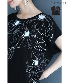 （S~L対応）（黒）目を惹くモノトーンの花画カットソートップス