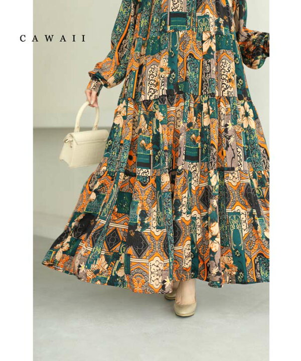 楽天市場 M 3l対応 華やぐアジアンな柄合わせロングワンピース Cawaii