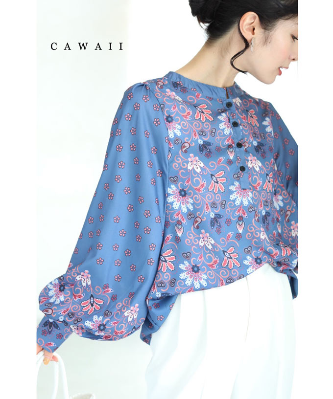 「CAWAII」2月9日20時販売新作 （S~2L対応）ドルマンポワン袖の艶やかな花柄ブラウストップス