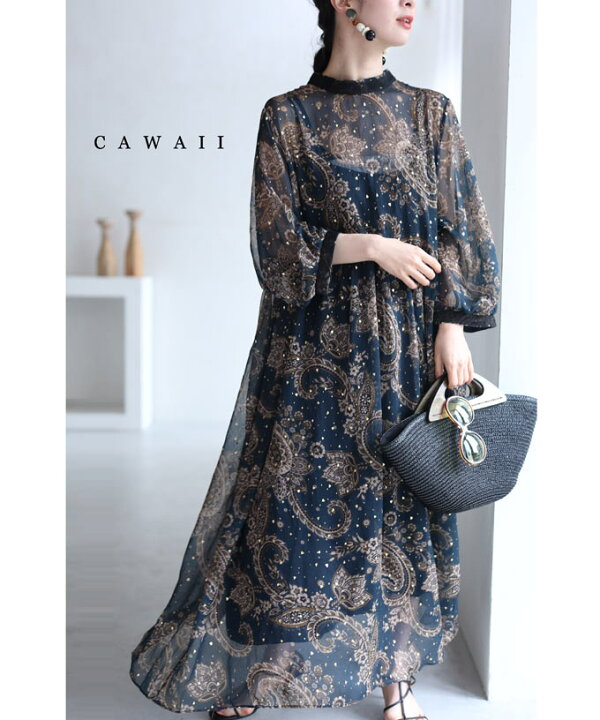 楽天市場 再入荷 4 6 12時 時 M 2l対応 キャミワンピース付 舞い降るような金箔を施したエスニック柄シアーロングワンピース Cawaii