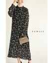 【再入荷♪12/10 20時】（S~L対応）（紐ベルト付き）（黒）細やかプリーツの小花柄ミディアムワンピース