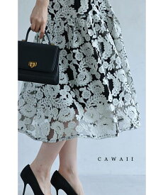 【再入荷♪6/4 12時&20時】（S~3L対応）エレガントな花刺繍シアーベールミディアムスカート