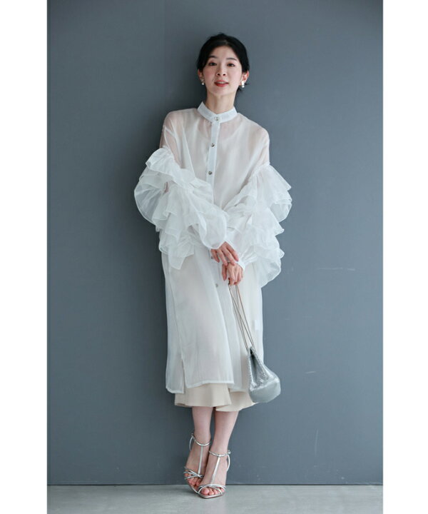 楽天市場】（S~2L対応）花びらフリル袖のシアーロングシャツチュニック  