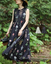 【再入荷♪6/10 20時】（S~L対応）ウエストカーブ切り替えの花図鑑ミディアムワンピース