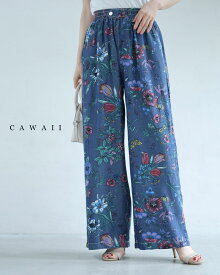 （S~L対応）色とりどりの花と息づく昆虫のくたっと柔らかワイドパンツ