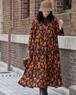 【再入荷♪9/10 20時】（S~2L対応）灯色の花が広がるティアードミディアムワンピース（紐ベルト付き）