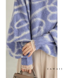 （S~3L対応）揺らめくリボン柄の起毛ニットプルオーバートップス