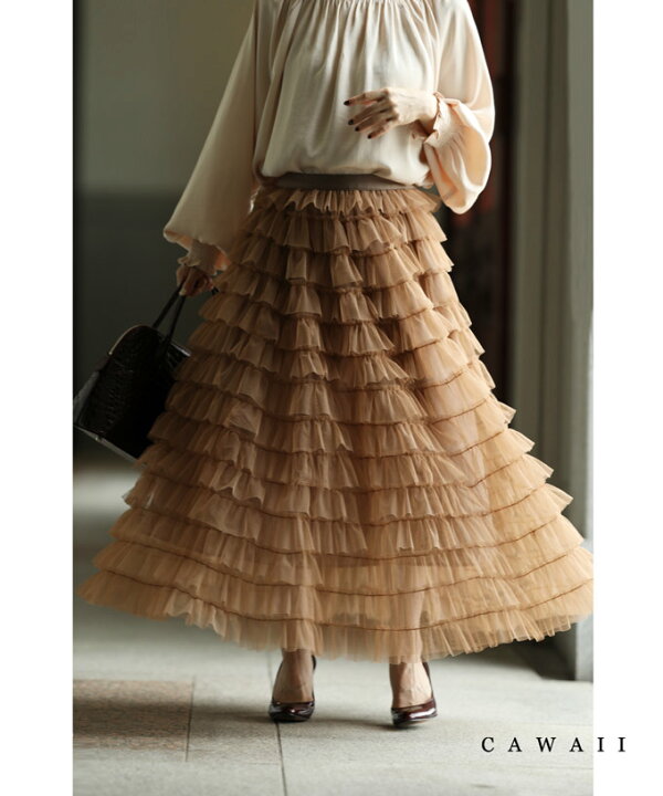 楽天市場 S 2l対応 ふわふわ舞うチュールフリルのロングスカート Cawaii