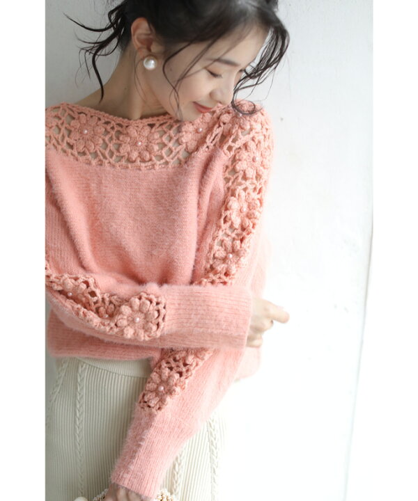 楽天市場 セール商品返品交換不可 S 3l対応 サーモンピンク 流れ咲く花コサージュのニットトップス Cawaii