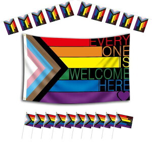 LGBTQ Pride Progress Flag�ALGBTQ Evere is Welcome Here ���[�h���C���{�[�t���b�O �v���C�h���ԉ��O�݂艺������ 3x5�t�B�[�g