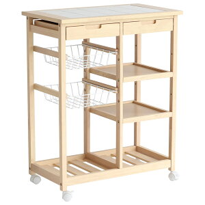 ワゴン キッチンワゴン タイル天板 キャスター付 ナチュラル/ブラウン/ホワイト サイドワゴン 収納ワゴン 幅67cm 奥行39cm 高さ85cm 木製 タイル 隙間収納 北欧/ナチュラル/シンプル/モダン/フレ