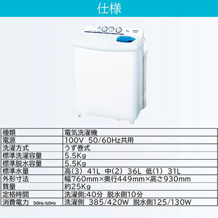 楽天市場】【長期保証付】日立 HITACHI PS-55AS2-W ホワイト 青空 2槽 
