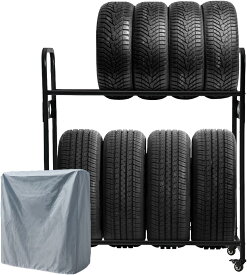 タイヤラック 8本 カバー付 2段 キャスター付き 幅105cm×奥行38cm×高さ105cm カバー 頑丈 タイヤスタンド タイヤ台 タイヤ収納 タイヤ収納ラック タイヤラックカバー 屋外 物置 倉庫 スリム 高さ調節 安全 キャスター