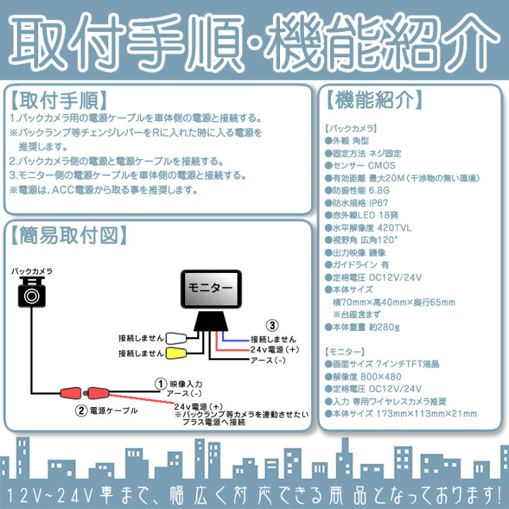 エルフ　デュトロ 他対応 7インチ オンダッシュモニター ワイヤレス バックカメラ 2台 セット 赤外線LED搭載 安心の暗視カメラ 24V車 大型車  トラック等に トヨタ いすゞ 日野 FUSO UD TRUCKS マツダ 【2set】  良品本舗　ONEUP