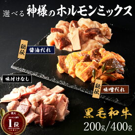 お中元 ギフト 黒毛和牛 焼肉 神様の ホルモンミックス 200g タレ 漬け2種 味付けなし 計3種 約2〜3人前 約200g 約4〜5人前 約400g 焼き肉 和牛 国産 スタミナ ミックスホルモン 焼肉ダレ 味噌ダレ 肉 ホルモン焼き シマチョウ(テッチャン） 小腸 ハート コリコリ お取