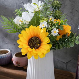 Lakymisy 造花 ひまわり 絹花 向日葵 コスモス ユーカリ 花束ブーケ 観葉植物 枯れない花 人工ヒマワリブーケ シルク造花 ウエディングブーケ 新居お祝い 母の日 プレゼント 部屋飾り 自宅 …