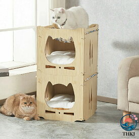 【全品2点で5%OFF】猫ベッド 木製 ねこベッド 二層 組み立て式 2 段キャットハウス 猫用ベッド 木製ベッド 猫家具 ネコ家具 犬用ベッド ペット用 ナチュラル お手入れ簡単 睡眠 寝具 多頭飼い
