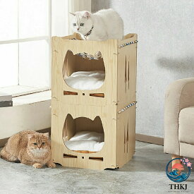 【全品2点で5%OFF】猫ベッド 木製 ねこベッド 二層 組み立て式 2 段キャットハウス 猫用ベッド 木製ベッド 猫家具 ネコ家具 犬用ベッド ペット用 ナチュラル お手入れ簡単 睡眠 寝具 多頭飼い