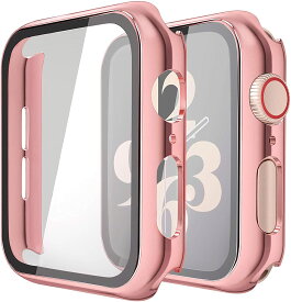 アップルウォッチ用ケース 44mm 保護カバー ガラスフィルム 一体型 PC素材 全面保護 ローズピンク