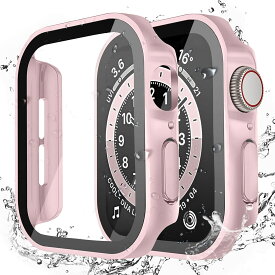 スマートウォッチカバー 40mm 防水 一体型 3D直角エッジ 超薄型 PC ガラス素材 高透過率 耐衝撃 全面保護 ピンク