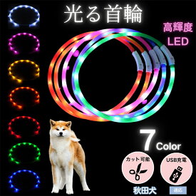 【最大40%OFFクーポン配布中】 犬用 LED発光首輪 USB充電 夜道ライト 7色点灯 レインボー 光る ネックレス 防水 小型犬 中型犬 大型犬 夜間散歩 安全 事故防止 柔らかシリコン サイズ調整可 ペットライト首輪 秋田犬種 秋田