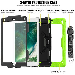 【保護フィルム・タッチペン付き】ipadケース耐衝撃ポリカーボネートシリコンアームバンドショルダー回転ペンホルダー第7世代第6世代5世代スタンドipad7ipad6ipad5ipadmini5mini4pro9.7air2子供頑丈ジュニアテレワーク在宅【ipad982green】
