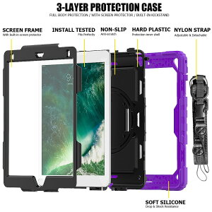 【保護フィルム・タッチペン付き】ipadケース耐衝撃ポリカーボネートシリコンアームバンドショルダー回転ペンホルダー第7世代第6世代5世代スタンドipad7ipad6ipad5ipadmini5mini4pro9.7air2子供頑丈ジュニアテレワーク在宅【ipad982purple】