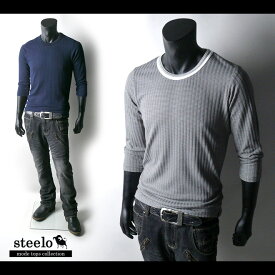 【steelo】デザイン織り柄クルーネック7分袖カットソー