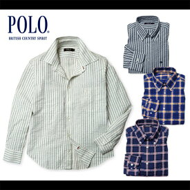メンズ シャツ 長袖 POLO BCS ポロビーシーエス 麻混 ストライプ柄 チェック柄 ボタンダウン 紳士